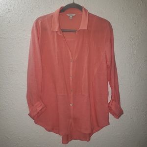 Lucky Brand Sz L Women's Button Front Shirt Salmon Long Roll Tab Sleeve Blouse
